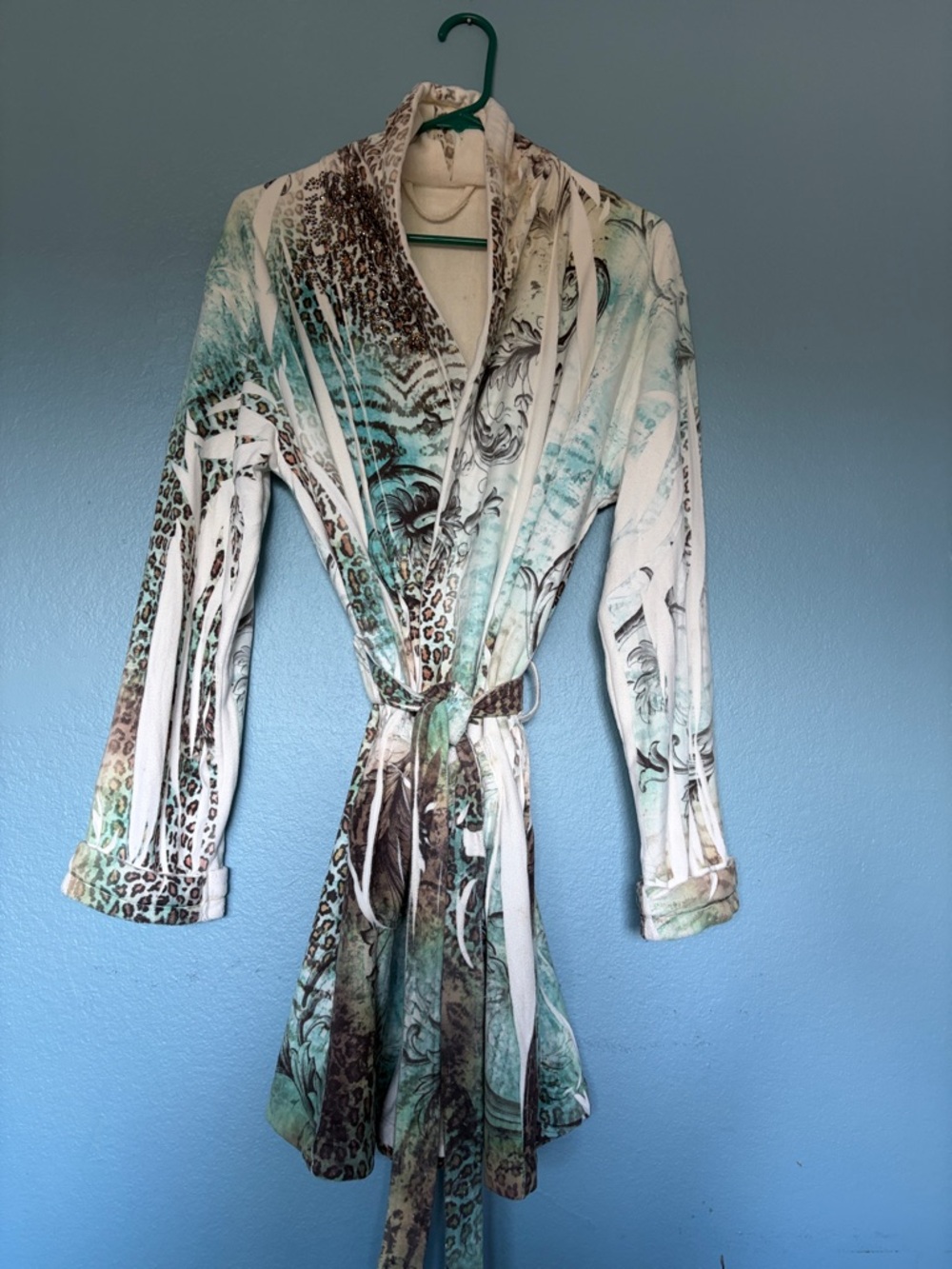 Short Robe - Printed Belted in Teal, Brown & Cream